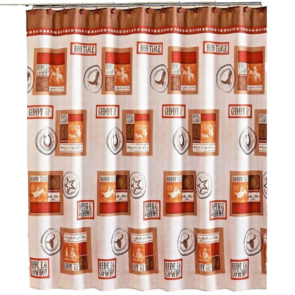 Rodeo Time Shower Curtain Country Cowboy Riding Boots Horse Brown Tan Bath Gift